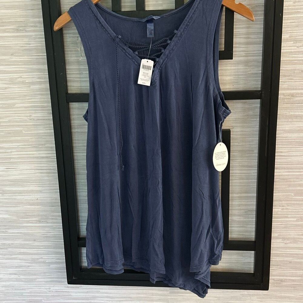 NWT Soma lace up mineral washed blue tank top size L rayon asymmetrical hem